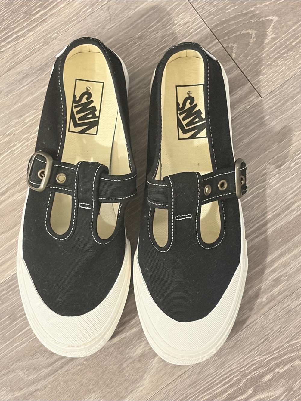 Vans Women’s Black Canvas Mary Jane Sneakers with White Sole